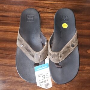Reef Men's Cushion Lux Leather Brown Comfort Flip Flops Size 12 Tan/Black NWT